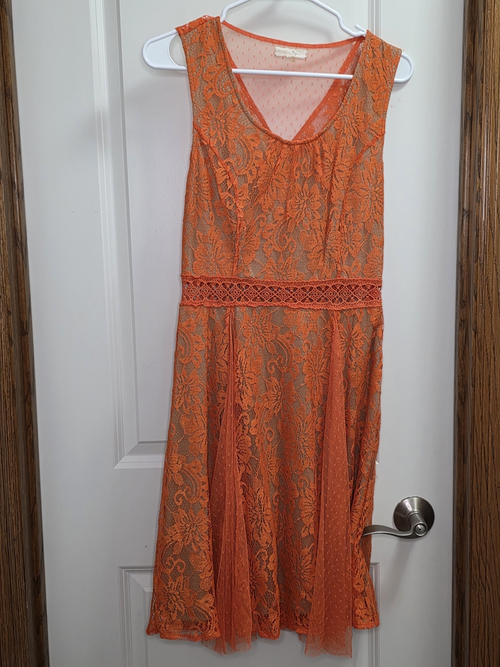 Ryu‎ Orange Lace Homecoming Midi Dress with Crochet Waist